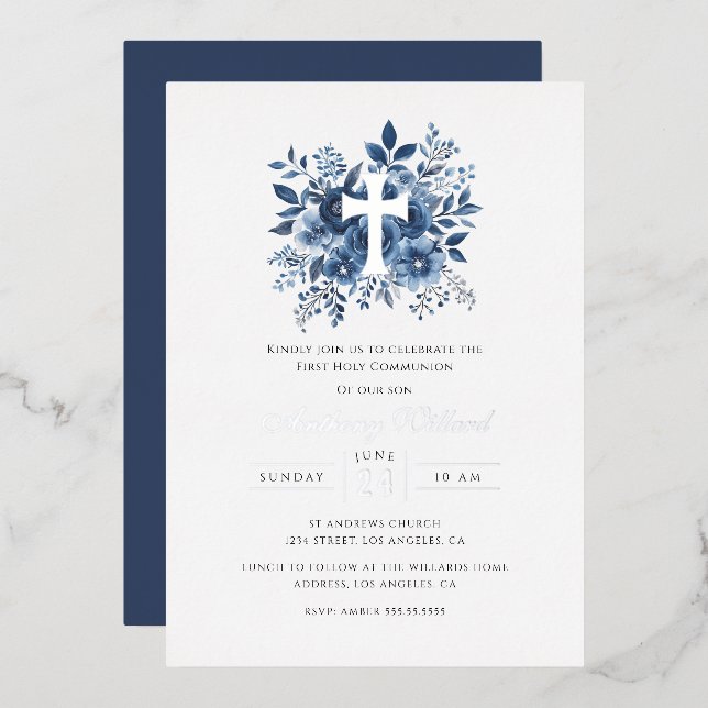 Modern Floral Silver Cross Boys First Communion  (Front/Back)