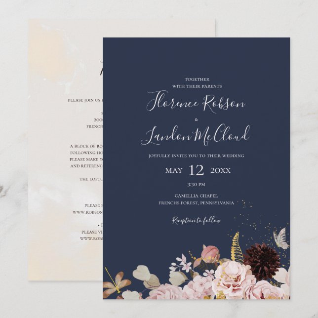 Modern Floral Simple Navy All In One Wedding Invitation (Front/Back)