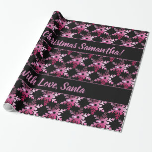 Modern Floral Snowflakes Pattern Black Red Pink Wrapping Paper