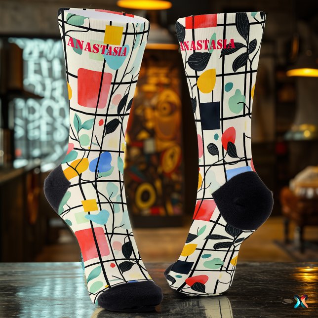 Modern Floral Socks with Geometric Grid Design (Creator Uploaded)