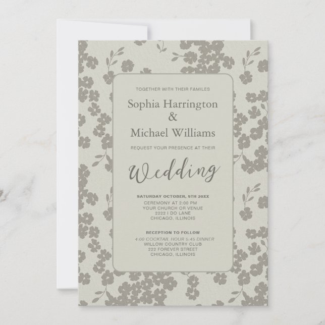 Modern Floral Soft Grey Wedding Invitation QR Code (Front)