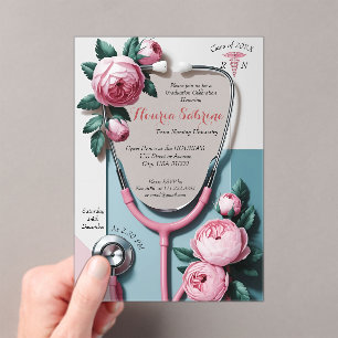Modern Floral Stethoscope Graduation Acrylic  Invitations