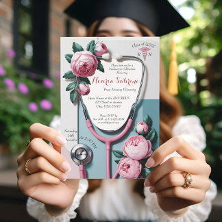 Modern Floral Stethoscope Graduation invitation
