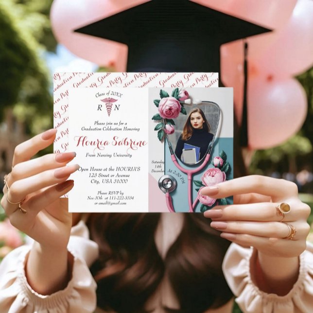 Modern Floral Stethoscope Graduation invitation Postcard (Creator Uploaded)