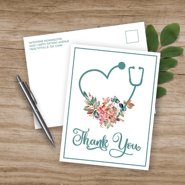 Modern Floral Stethoscope Heart Nurse Thank You Postcard (Creator Uploaded)