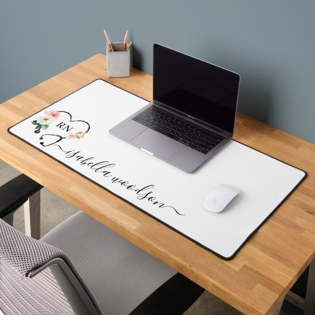 Modern Floral Stethoscope Nurse Script Name Desk Mat (Office 2)