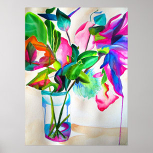 Modern floral still life with jar watercolor art poster