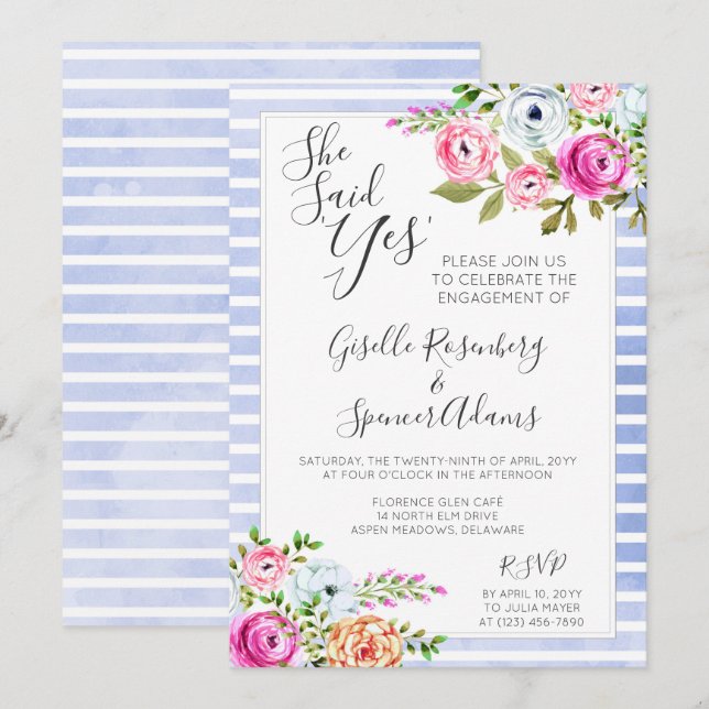 Modern Floral Stripe Engagement Party Invitation (Front/Back)