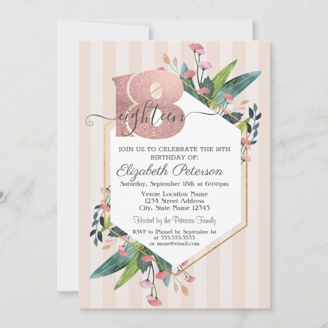 Modern Floral Striped Glitter 18th Birthday   Invitation (Front)