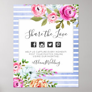 Modern Floral Stripes Wedding Hashtag Photo Sign