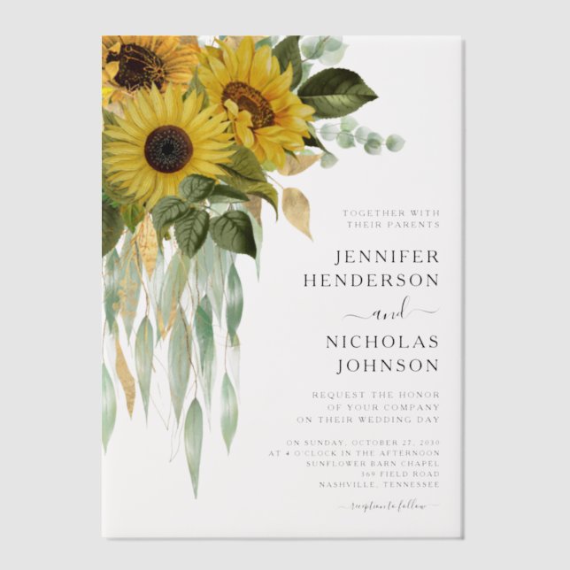 Modern Floral Sunflowers Wedding Vellum Invitations (Front)