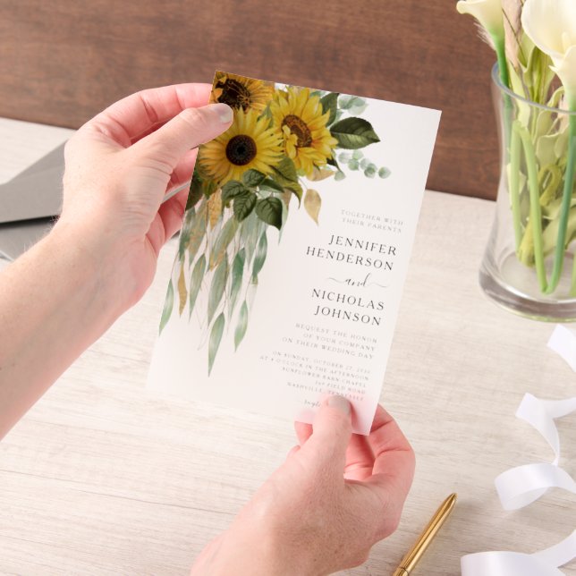 Modern Floral Sunflowers Wedding Vellum Invitations (Handheld)
