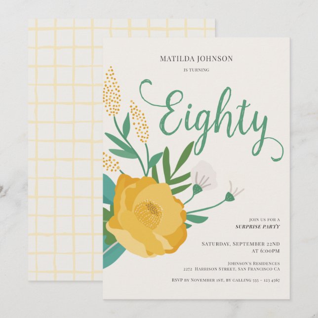 Modern Floral Surprise 80th Birthday Party Invitation (Front/Back)