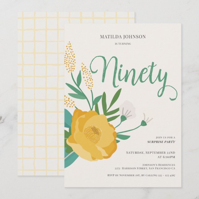Modern Floral Surprise 90th Birthday Party Invitation (Front/Back)