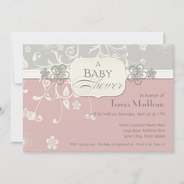 Modern Floral Swirl Flourish Bracket Baby Shower Invitation (Front)