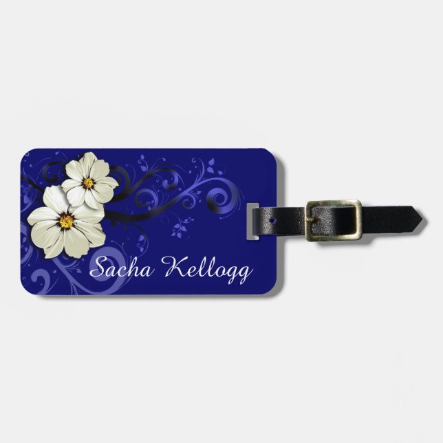 Modern Floral Swirling Curlicues | navy Luggage Tag (Front Horizontal)