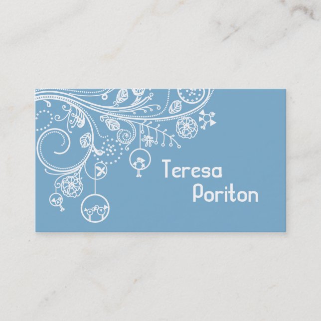 Modern floral swirls & birds dusk blue business card (Front)