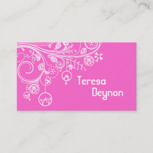 Modern floral swirls & birds hot pink business card