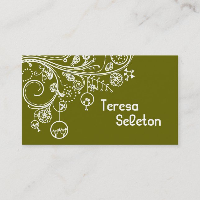 Modern floral swirls & birds olive green business card (Front)
