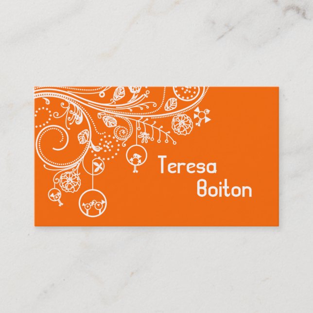 Modern floral swirls & birds orange business card (Front)