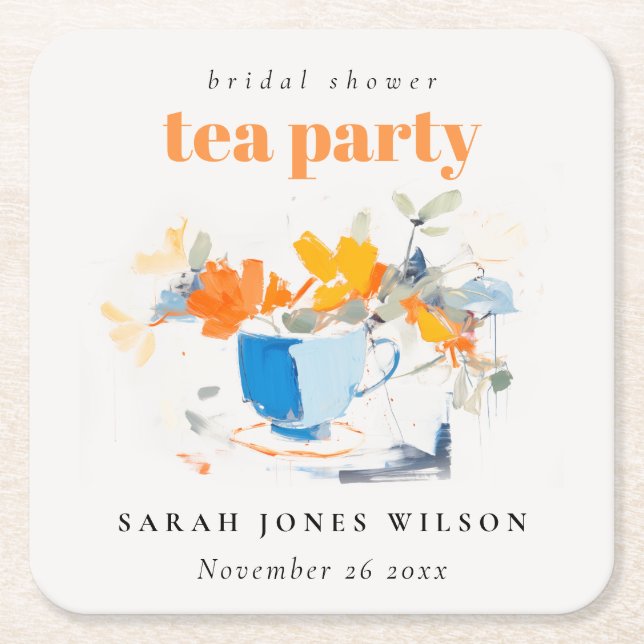 Modern Floral Tea Cup Bridal Shower Tea Party  Square Paper Coaster (Front)