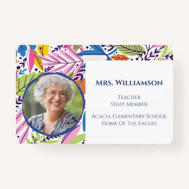 Modern Floral Teacher Educator Staff Photo ID ID Badge (Front)