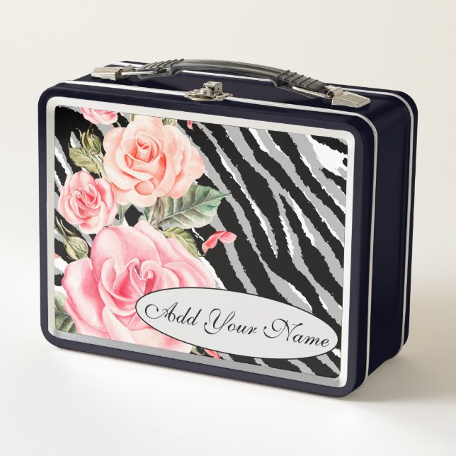 Modern Floral Tiger Add Your Text Metal Lunch Box (Front)