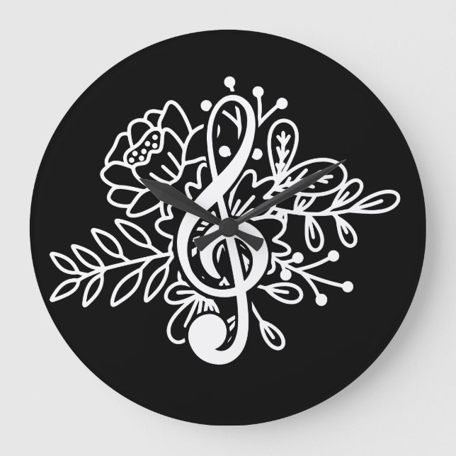 Modern Floral Treble Clef Black Music Lovers Large Clock (Front)
