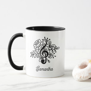 Modern Floral Treble Clef Black White Music Lovers Mug