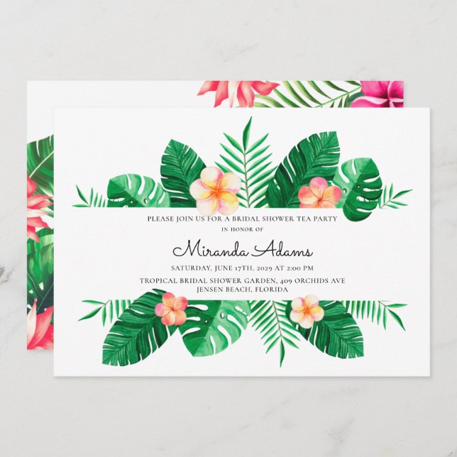 Modern Floral Tropical Palm Leaves Bridal Shower Invitation (Front/Back)