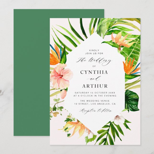 modern floral tropical palm leaves floral wedding invitation (Front/Back)