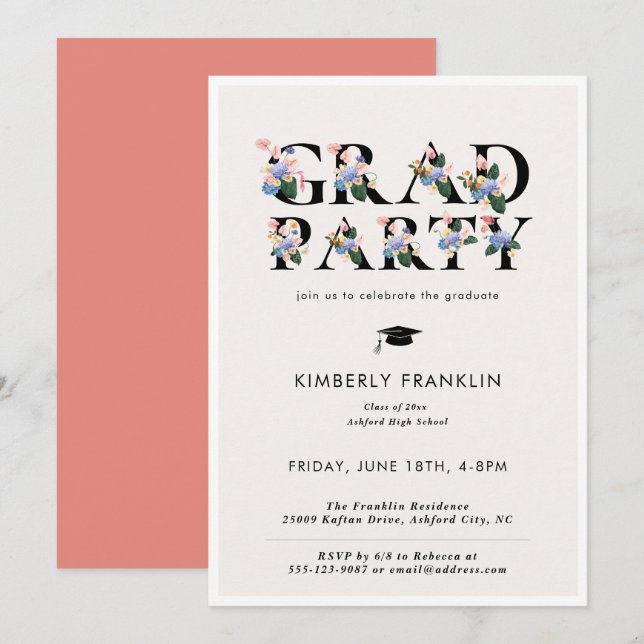 Modern Floral Typography GRAD PARTY Invitation (Front/Back)