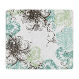 Modern Floral Vintage Graphic Flowers Aqua Black Cutting Board
