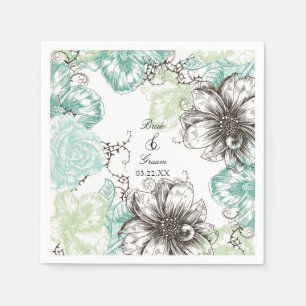 Modern Floral Vintage Graphic Flowers Aqua Black Napkin