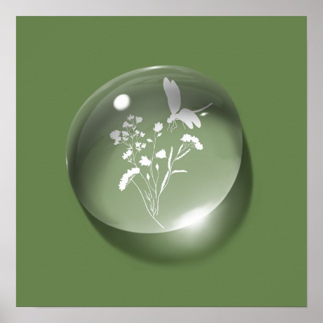 Modern Floral Water-drop Green Minimal Silhouette Poster (Front)