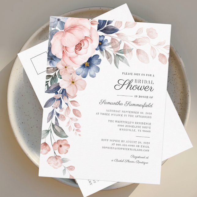 Modern Floral Watercoler Script Pink Bridal Shower Invitation Postcard (Floral Watercolor Pink Flowers Bridal Shower Invitation Postcard)