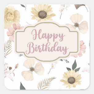 Modern Floral Watercolor Birthday  Square Sticker