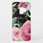 Modern Floral Watercolor Black and Pink Peonies Case-Mate Samsung Galaxy S9 Case<br><div class="desc">"Modern Floral Watercolor Black and Pink Peonies."  Elegantly watercolor painted floral wreath design,  has single burgundy peonies,  hops and english roses in blush pink and magenta.  You can change background colour (here shown in cassis purple).  Art Copyright Audrey Jeanne Roberts,  all rights reserved.</div>