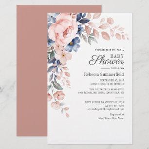 Modern Floral Watercolor Blue Pink Baby Shower Stationery