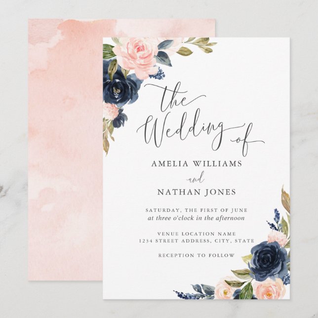 Modern Floral Watercolor Blush Navy Wedding Invitation (Front/Back)