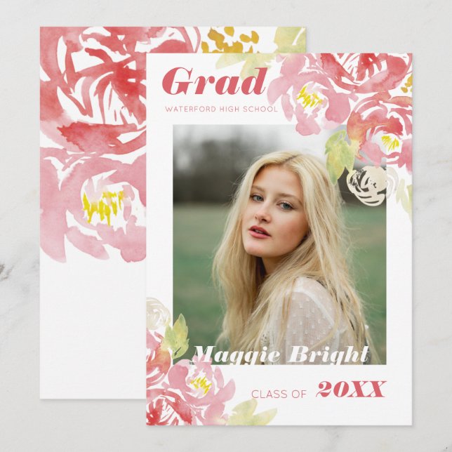 Modern Floral Watercolor Grad Announcement (Front/Back)