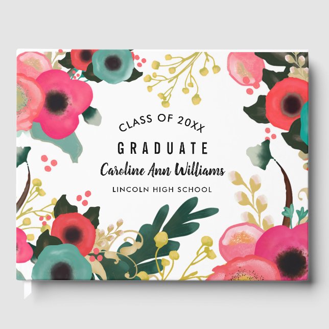 Modern Floral Watercolor Graduation  Guest Book (Front)