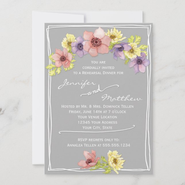 Modern Floral Watercolor Grey Rehearsal Dinner Invitation (Front)