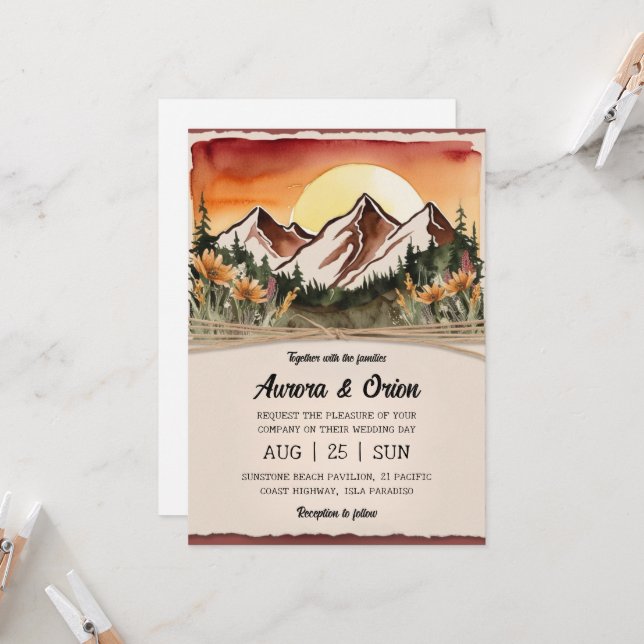 modern floral watercolor mountain wedding invitation (Front/Back In Situ)