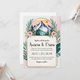 modern floral watercolor mountain wedding invitation