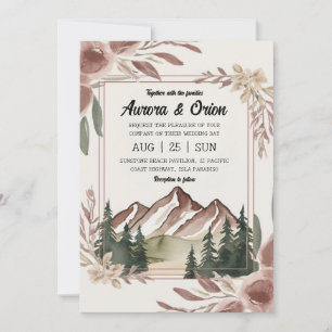 modern floral watercolor mountain wedding invitation