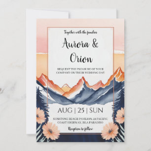 modern floral watercolor mountain wedding invitation