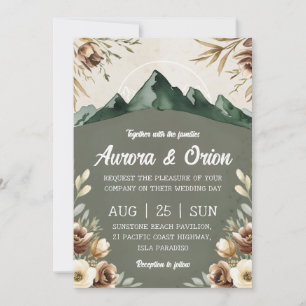 modern floral watercolor mountain wedding invitation