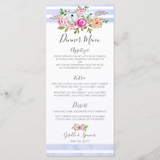 Modern Floral Watercolor Navy Stripe Dinner Menu (Front)