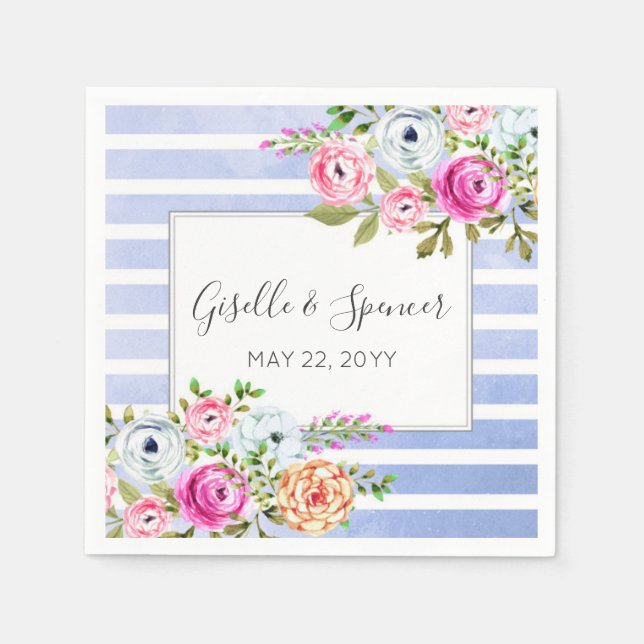 Modern Floral Watercolor Navy Stripe Wedding Napkin (Front)